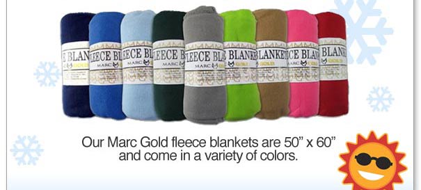 Our Marc Gold fleece blankets are 50x60" and come in a variety of colors.