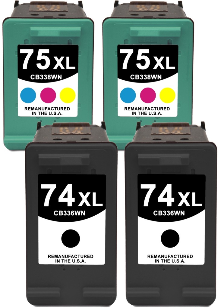Reman HP 74 & 75 Value 4-Pack: 2 black / 2 color