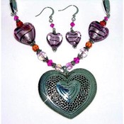 Murano Glass &amp; Metal Heart Necklace &amp; Earring set