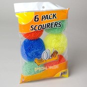 6 Pack Plastic Round Scourers, 4 Assorted Colors