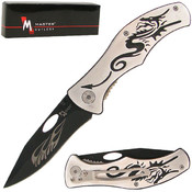 Engraved Dragon Handle Folding Pocket Knife 7.5 in