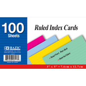 BAZIC 100 Ct. 3" X 5" Ruled Colored Index Card