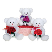 13" White Bears W/3 Asst. Color Roses