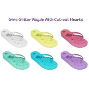 Girls Glitter Wedge Flip Flops With Cut-Out Hearts