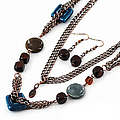 36" Ceramic With Teal And Brown Bead Necklace Set