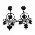 Hoop Ring W/Acrylic Black Stone Charm Earrings