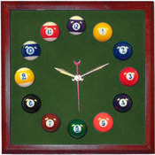 Square Cherry Billiard Clock With Spruce Mali Felt, A great way to bring pool into your every day life is with our billiard clocks. We have clocks made with real pool balls, neon lights, and