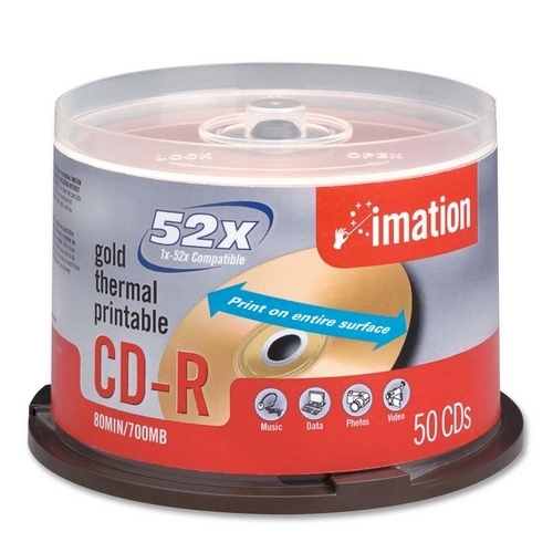 Imation CD-R,52X,700MB/80 Min,Thermal Printable,50/PK,Gold