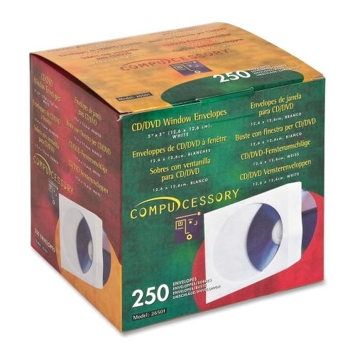 Compucessory CD/DVD Window Envelopes, 5"x5", 250 EA/BX, White