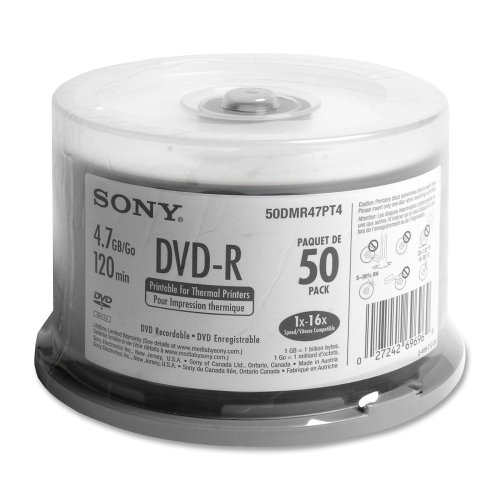 Sony Electronics DVD-R Disk, 16x, 4.7GB, Thermal Printable, 50/PK Sony Electronics DVD-R Disk, 16x, 4.7GB, Thermal Printable, 50/PK