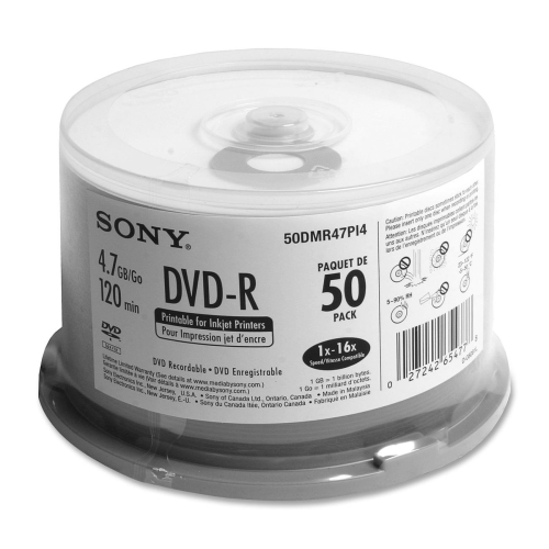 Sony Electronics DVD-R Disk, 16x, 4.7GB, Inkjet Printable, 50/PK