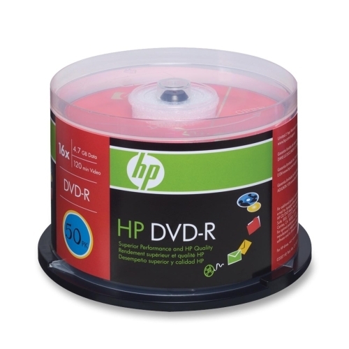 Hewlett-Packard DVD-R, Branded, 16x, 4.7GB, 50/PK, Silver