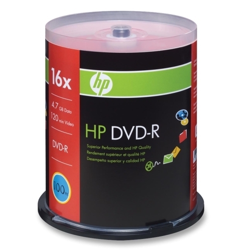 Hewlett-Packard DVD-R, Branded, 16x, 4.7GB, 100/PK, Silver