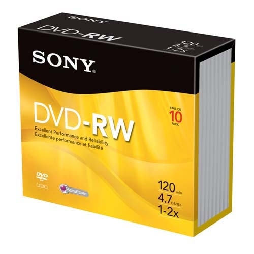 Sony Electronics DVD-RW, 2X Max Speed, 4.7GB, 10/PK, Branded Surfaces