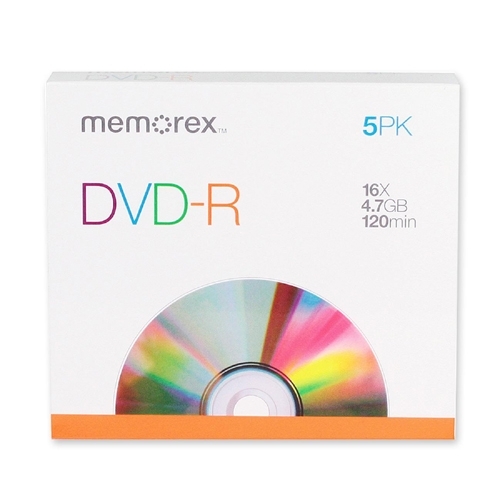 Memorex DVD-R, 16X, 4.7GB, Branded w/ Slim Jewel Case, 5/PK