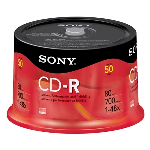 Sony Electronics CD-R Recordable Disc, 48X, 700MB/80 Minute, 50/Spindle