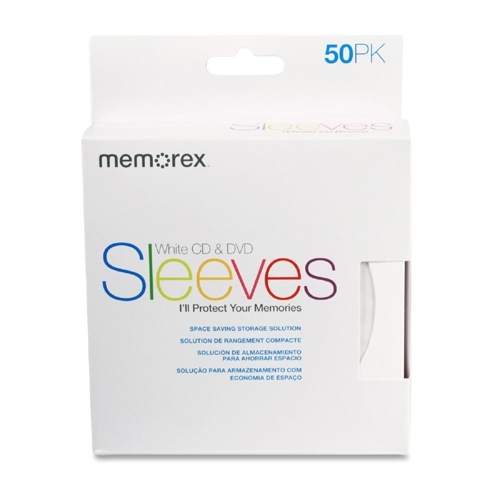 Memorex CD/DVD Sleeves, w/ Windows, 50/PK, White