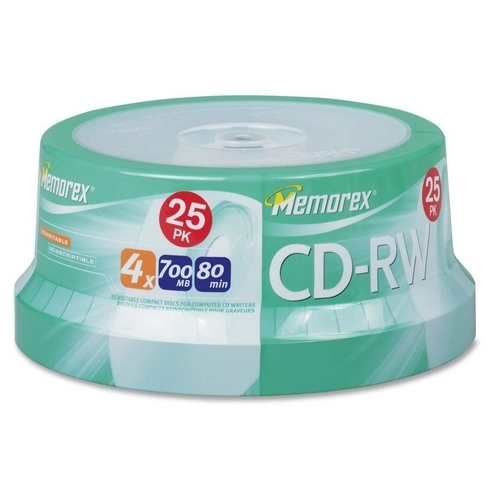 Memorex CR-RW, Rewritable, 4X, 700MB/80Min, Branded, 25/PK Memorex CR-RW, Rewritable, 4X, 700MB/80Min, Branded, 25/PK