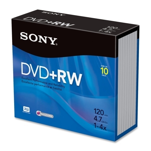 Sony Electronics DVD+RW, 4.7GB, 4x Recording Speed, 10/PK, Branded Surface