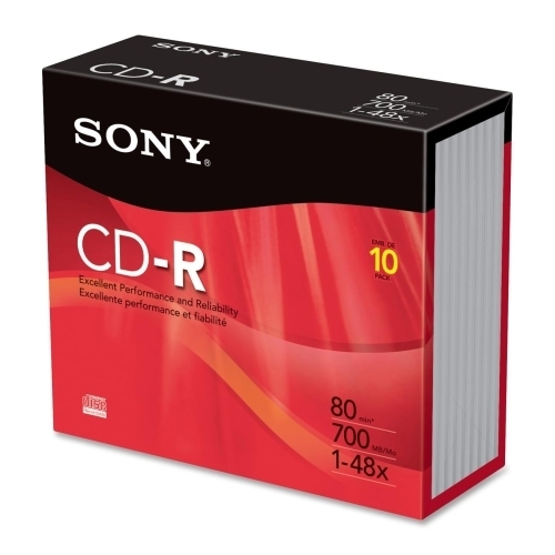 Sony Electronics CD-R, 700MB/80Min, 48X, Branded, Slim Jewel Case, 10/PK