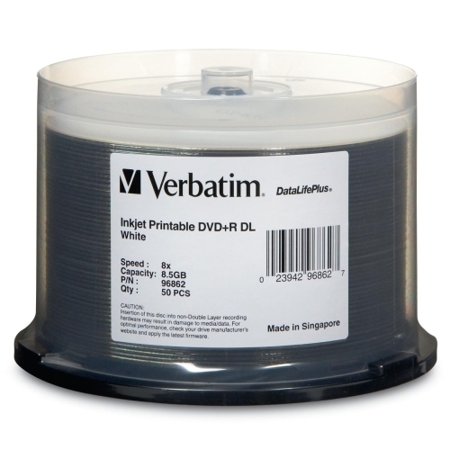 Verbatim Corporation DVD+R, DL, 8.5GB, 8XDatalife, Inkjet Printable, 50/PK, WE