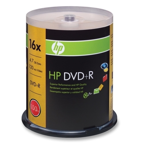 Hewlett-Packard DVD+R, Branded, 16x, 4.7GB, 100/PK, Silver
