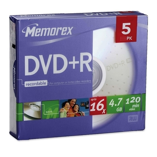 Memorex DVD+R, 16X, 4.7GB, Branded w/ Slim Jewel Cases, 5/PK