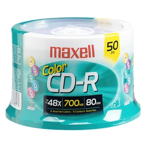 Maxell Corp. Of America CD-R, 48X, 80 Min/700MB, Branded, 50/PK, Assorted Colors