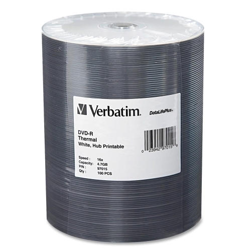 Verbatim Corporation DVD-R, Thermal Hub Printable, 16x, 100/PK, White