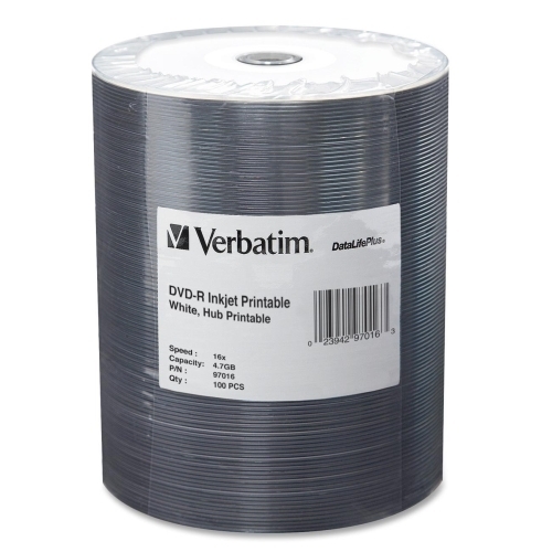 Verbatim Corporation DVD-R, Inkjet Printable, 4.7GB, 16x,100/PK, White