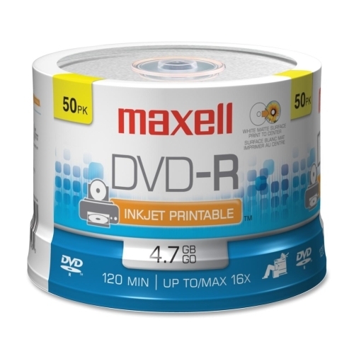 Maxell Corp. Of America DVD-R, 4.7GB, 120/360 Minutes, 16X, 50/PK, White Matte