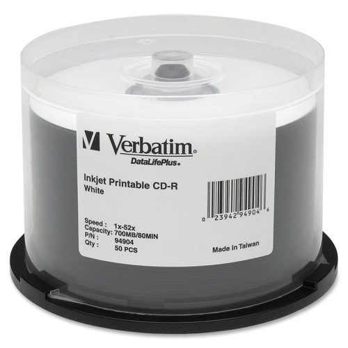 Verbatim Corporation CD-R, 52X Speed, 700MB/80Min, Inkjet Printable White, 50/PK