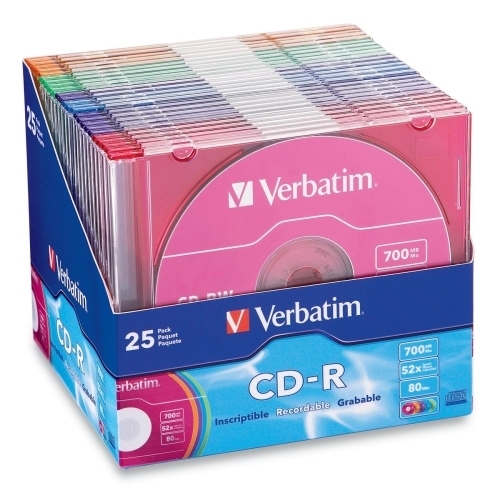 Verbatim Corporation CD-R,52X,80 Min/700MB,Assorted Color W/case,Branded,25/PK