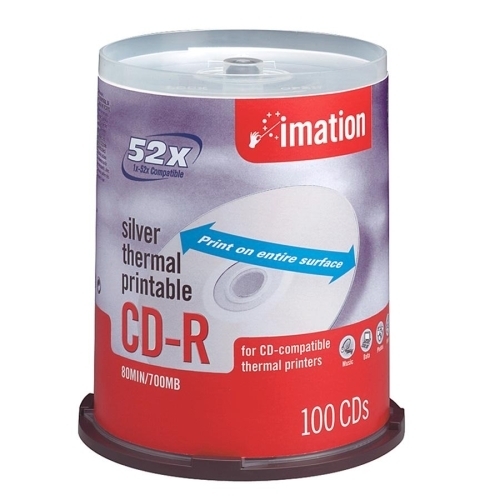 Imation CD-R,52X,700MB/80Min,Thermal Printable,100/PK,Silver