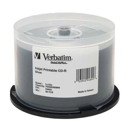 Verbatim Corporation CD-R,52X Speed,700MB/800Min,Inkjet Printable Silver,50/PK