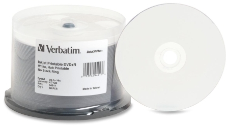 Verbatim Corporation DVD+R, 16X Speed, 4.7GB, Inkjet/Hub Printable, 50/PK