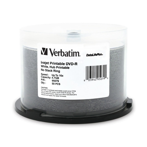 Verbatim Corporation DVD-R, Inkjet/Hub Printable White, 4.7GB, 16X, 50/PK