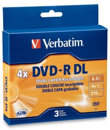 Verbatim Corporation DVD-R, Dual Layer, 4X Speed, 8.5GB, Branded, 3/PK