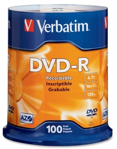 Verbatim Corporation DVD-R Disc, 4.7GB, 120 Minutes, 16X, 100/PK, Silver