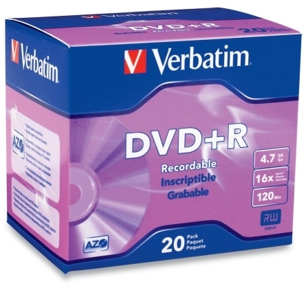 Verbatim Corporation DVD+R W/Case, 4.7GB, 120 Min Video,16X, 20/PK