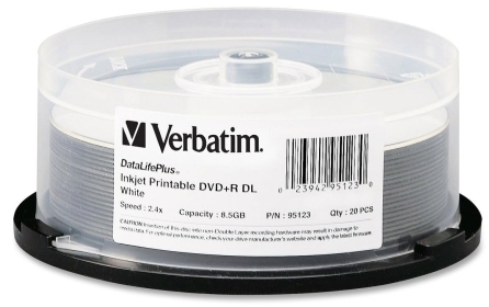 Verbatim Corporation DVD+R,Double Layer,2.4X,8.5GB,Inkjet Branded,20/PK,White