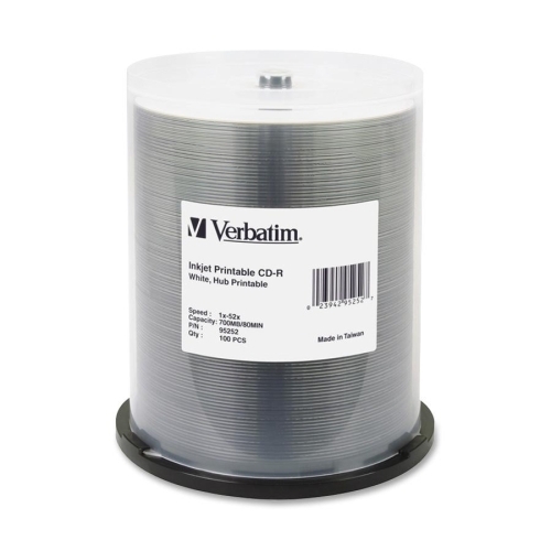 Verbatim Corporation CD-R, 52X, 700MB/80Min, Inkjet/Hub Printable, 100/PK, White