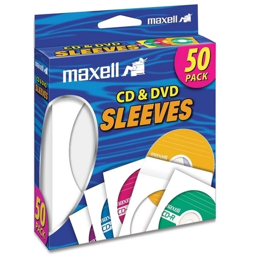 Maxell Corp. Of America CD/DVD Sleeves, Clear Window, 50/PK, White