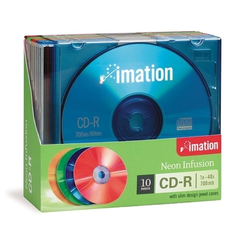 Imation CD-R,w/Slim Jewel Case,40X,700MB/80Min,Branded,10/PK,Asst
